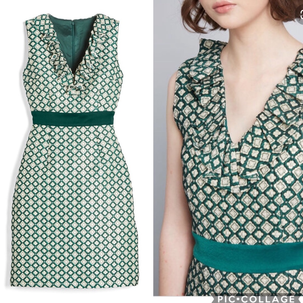 🎉Host Pick🎉Admiring Eyes Jacquard Sheath Ruffle Gold Midi Dress - Picture 4 of 16